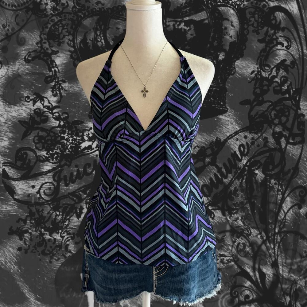 deep v neck purple grey retro chevron stripe halter cami